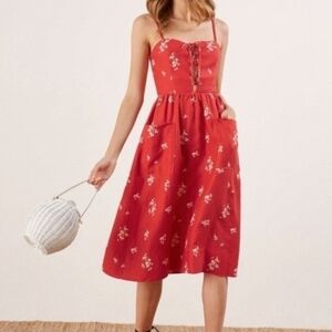 Reformation Ellen Floral Print 100% Linen Midi Dress red Size 6